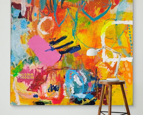 "Fruit carnival", koko:100x100x4 cm, sekatekniikka kankaalle, hinta: 860 €