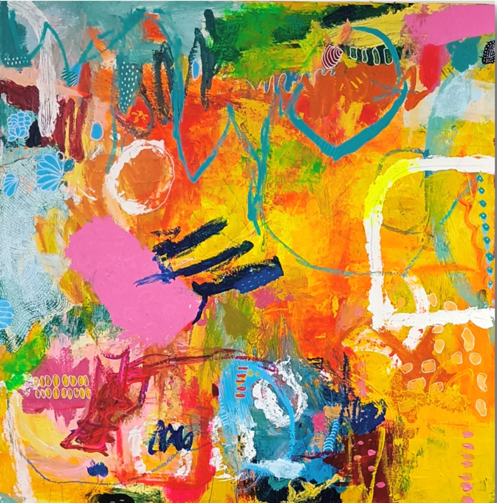 "Fruit carnival", koko:100x100x4 cm, sekatekniikka kankaalle, hinta: 860 €
