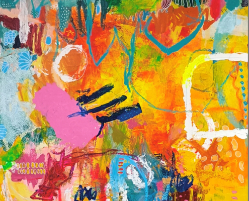"Fruit carnival", koko:100x100x4 cm, sekatekniikka kankaalle, hinta: 860 €
